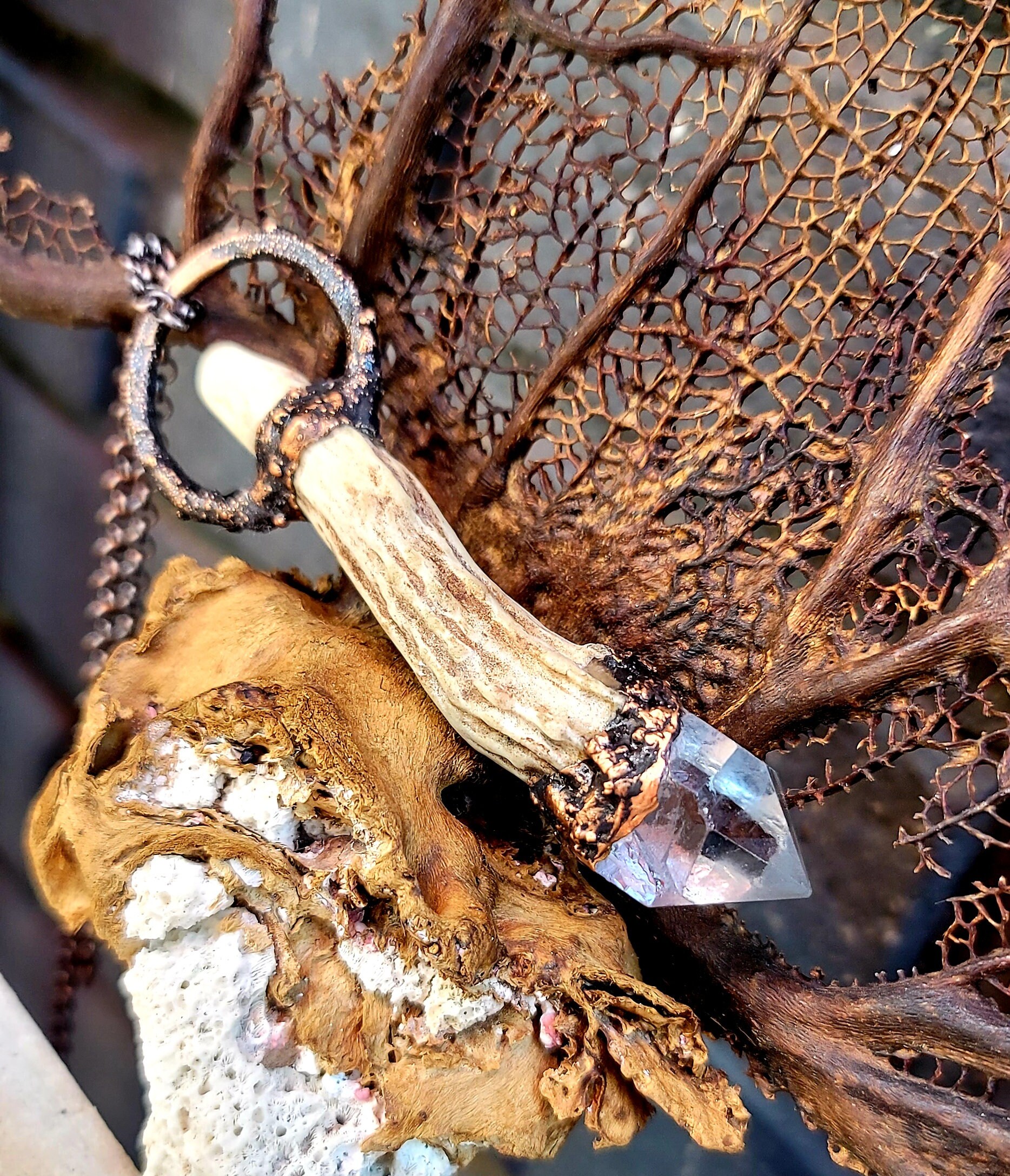 Deer Antler Crystal Clear Quartz Point OOAK Statement Pendant Necklace