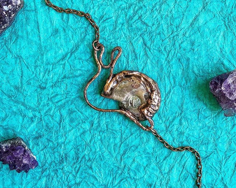 Hand Crafted OOAK Copper Electroformed Necklace Nature Inspired Boho Pendant Necklace Ammonite Fossil Snail Pendant