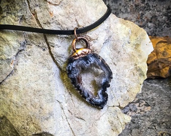 Natural Agate Geode Slice | Copper Electroformed | Handcrafted Pendant Necklace