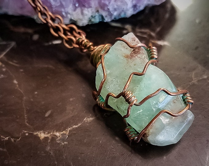Green Raw Calcite Crystal | Copper Hand-Wrapped | OOAK Handmade Pendant Necklace