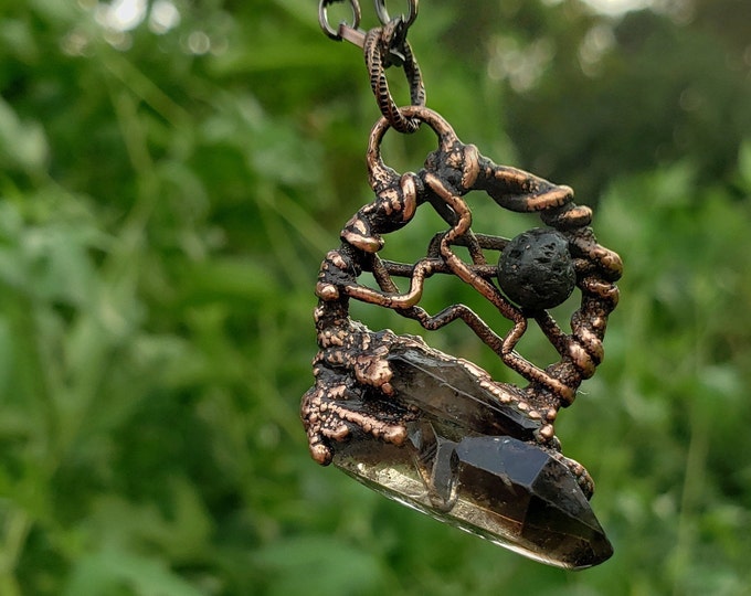 Smokey Quartz Cluster |  Lava Stone for Aromatherapy |  Pendant Necklace