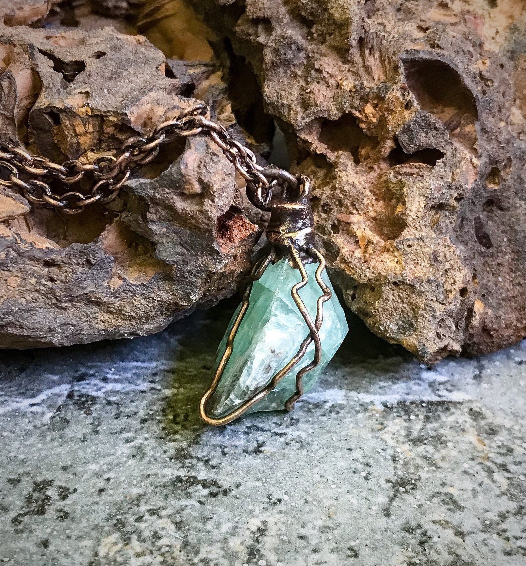 Handcrafted Green Druzy Electroformed Necklace - Copper Adjustable 18", Natural Stone - View #11