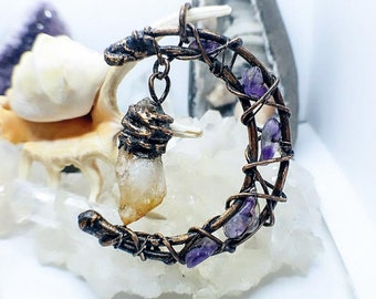 Crescent Moon | Dangling Citrine Point | Raw Amethyst | OOAK Pendant Necklace