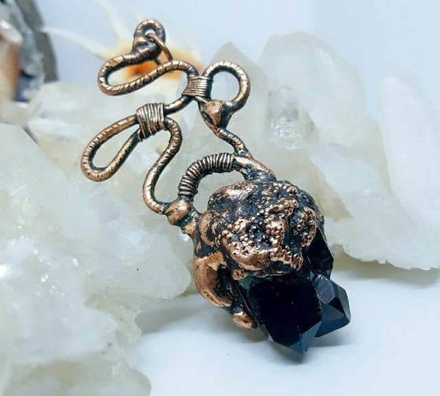 Beautiful Black Raw Smoky Quartz Cluster OOAK Pendant Necklace
