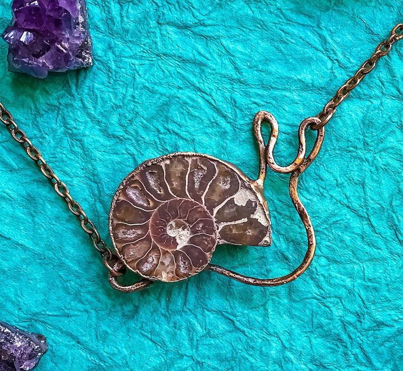 Hand Crafted OOAK Copper Electroformed Necklace Nature Inspired Boho Pendant Necklace Ammonite Fossil Snail Pendant