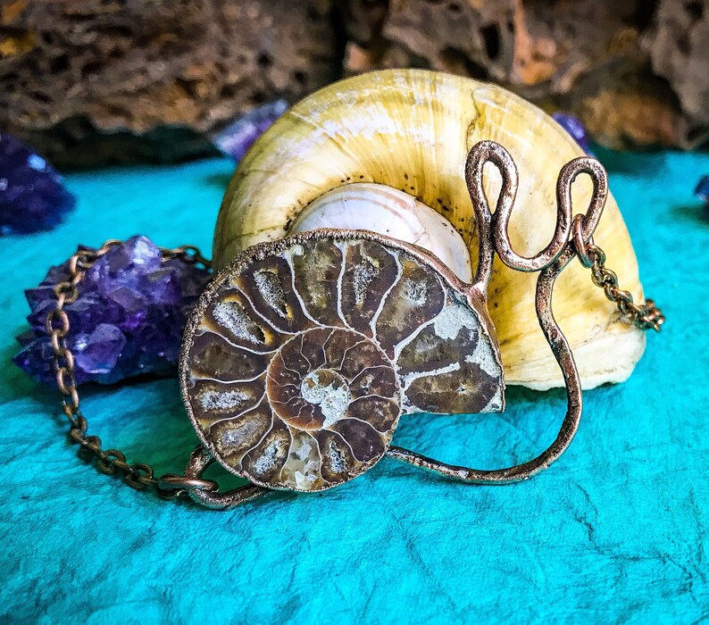 Hand Crafted OOAK Copper Electroformed Necklace Nature Inspired Boho Pendant Necklace Ammonite Fossil Snail Pendant