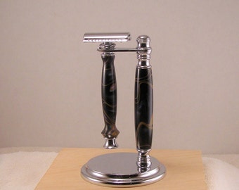 Handcrafted Razor Set - Smoky Black, Hand Crafted Razor & Stand Shaving Set with Acrylic and Chrome
