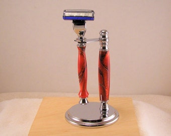 Handcrafted Razor Set - Crimson Red, Hand Crafted Razor & Stand Shaving Set with Acrylic and Chrome
