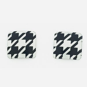 Black & white small square studs earrings, steel posts, hypoallergenic, hand printed on anodized aluminum, wont tarnish, original image 1