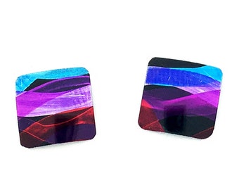 Multi coloured small square studs earrings, steel posts, hypoallergenic, hand painted on anodized aluminum, won’t tarnish, original, unique