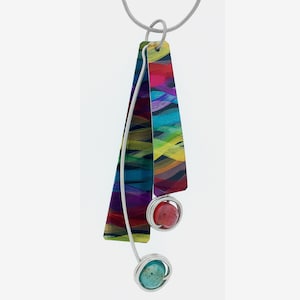 Anodized aluminum sheet and wire reversible large necklace with beads, unique, original and chic, multi coloured, blue image 1