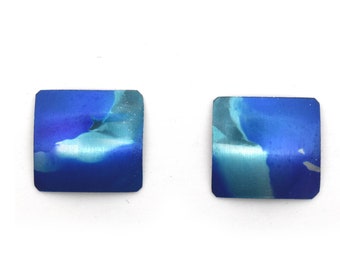 Blue small square studs earrings, steel posts, hypoallergenic, hand painted on anodized aluminum, won’t tarnish, original, unique