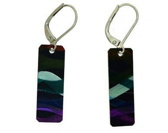 Multi coloured blue small long rectangular reversible earrings, steel reversible french hooks, hand painted on anodized aluminum, unique