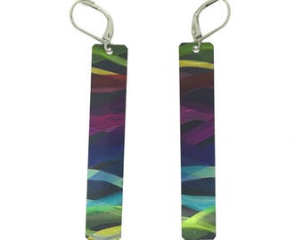 Multi coloured blue small long rectangular reversible earrings, steel reversible french hooks, hand painted on anodized aluminum, unique