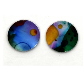 Multi coloured small round studs earrings, light weight, surgical steel posts, hypoallergenic, hand painted on anodized aluminum, unique