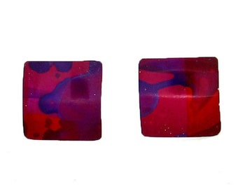 Purple small square studs earrings, steel posts, hypoallergenic, hand painted on anodized aluminum, won’t tarnish, original, unique