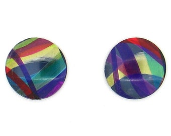 Multi coloured small round studs earrings, light weight, surgical steel posts, hypoallergenic, hand painted on anodized aluminum, unique