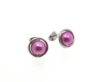 large pink round pearl studs earrings, light weight