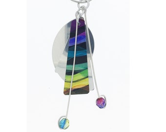 Anodized aluminum sheet and wire necklace with crystal beads, unique, original and chic, multi coloured