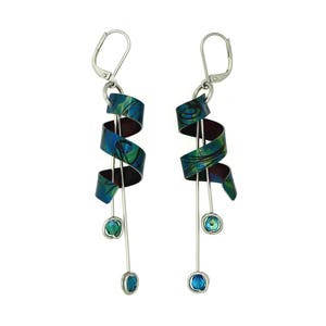 Anodized aluminum sheet and wire earrings with beads, unique and original, lime green & turquoise image 1