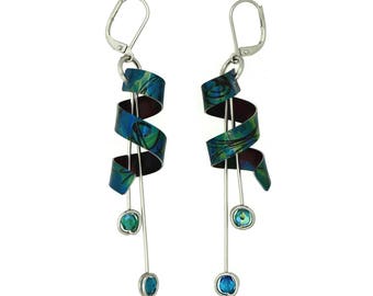 Anodized aluminum sheet and wire earrings with beads, unique and original, lime green & turquoise