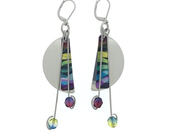 Anodized aluminum sheet and wire half moon earrings with crystal beads, unique, original and chic, multi coloured