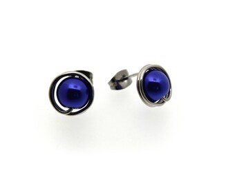 Large indigo blue round pearl studs earrings, light weight