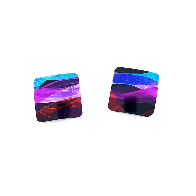 Multi coloured small square studs earrings, steel posts, hypoallergenic, hand painted on anodized aluminum, wont tarnish, original, unique image 1