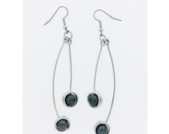 Aluminum decorated with two hematite bead pendant earrings, light weight, classical, black grey