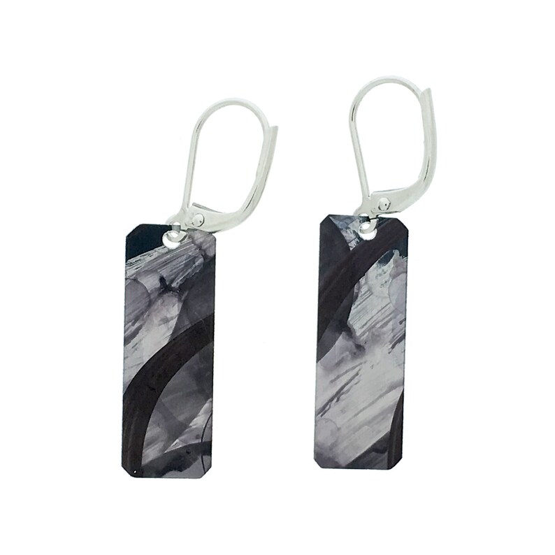 Unique beige gold / black grey small rectangle reversible earrings, stainless steel french hooks, hand painted on anodized aluminum image 2
