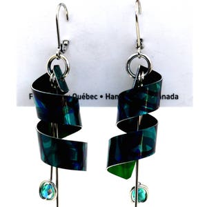Anodized aluminum sheet and wire earrings with beads, unique and original, lime green & turquoise image 3