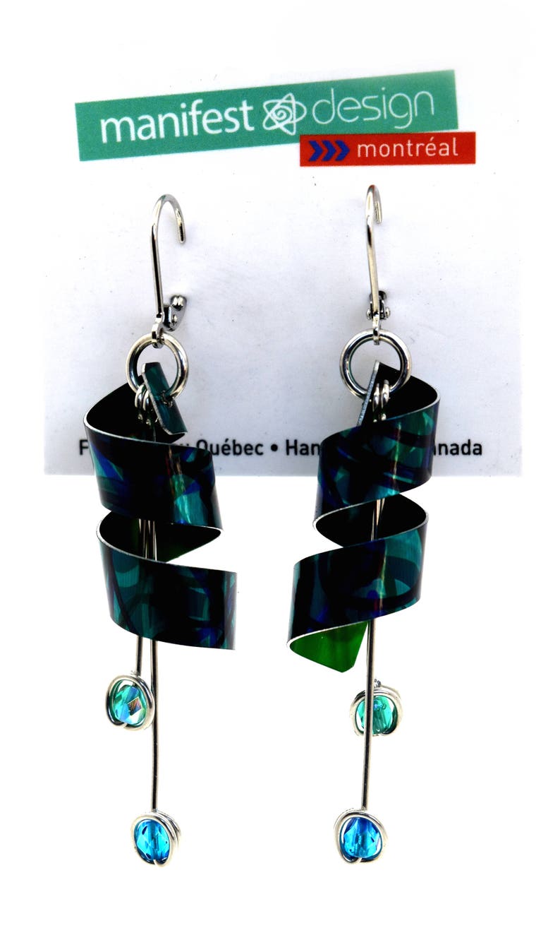 Anodized aluminum sheet and wire earrings with beads, unique and original, lime green & turquoise image 3