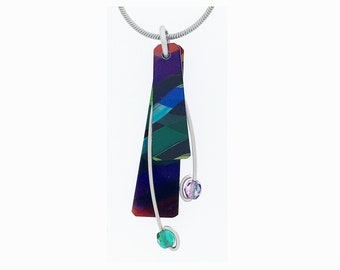 Anodized aluminum sheet and wire reversible necklace with crystal beads, unique, original and chic, multi coloured, blue