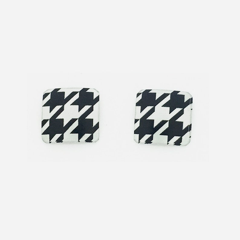 Black & white small square studs earrings, steel posts, hypoallergenic, hand printed on anodized aluminum, wont tarnish, original image 1