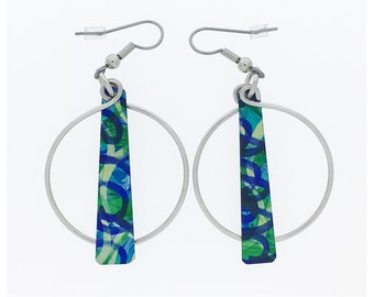 Unique lime & blue earrings, steel french hooks, hand painted on anodized aluminum