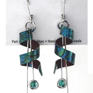 Anodized aluminum sheet and wire earrings with beads, unique and original, lime green & turquoise image 2