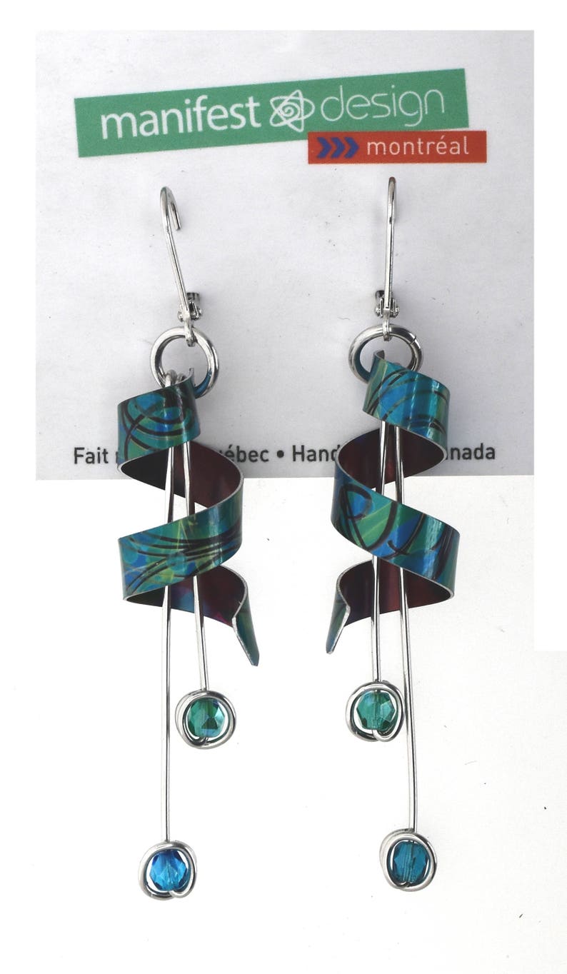 Anodized aluminum sheet and wire earrings with beads, unique and original, lime green & turquoise image 2