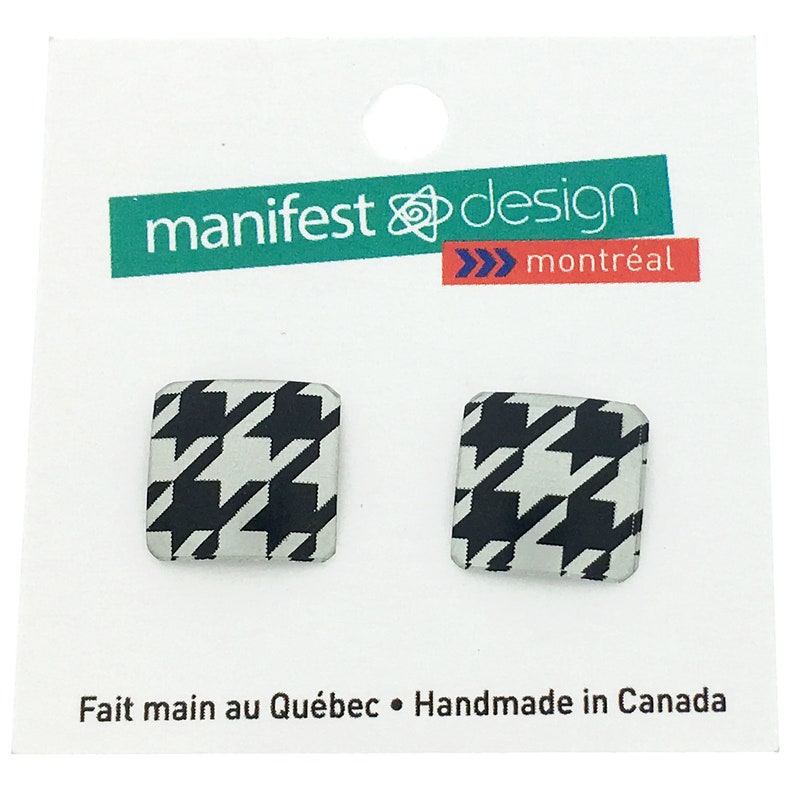 Black & white small square studs earrings, steel posts, hypoallergenic, hand printed on anodized aluminum, wont tarnish, original image 2