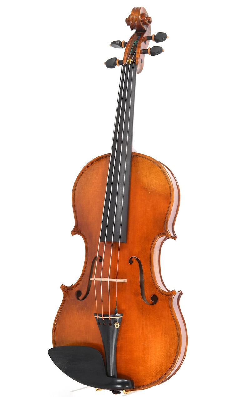 Puede incluir: Un viol&iacute;n cl&aacute;sico con un c&aacute;lido acabado &aacute;mbar. El instrumento presenta un clavijero detallado, cuatro cuerdas y un diapas&oacute;n negro. El cuerpo tiene una forma tradicional con efes y un mentonera. El viol&iacute;n est&aacute; sobre un fondo blanco.