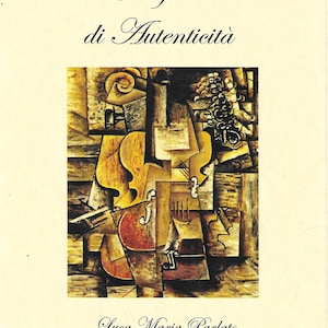 Puede incluir: Certificado de autenticidad con una pintura abstracta de un viol&iacute;n en tonos marrones, amarillos y rojos. El texto "Certificato di Autenticit&agrave;" est&aacute; en la parte superior, con "Luca Maria Parlato, Liutaio in Cremona" en la parte inferior.