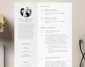 May include: A minimalist resume template with a photo of a woman in a circular frame. The resume includes sections for education, work experience, contacts, and skills. The text is in a clean, sans-serif font, with a focus on clarity and professional presentation.