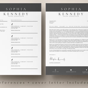 May include: A black and white resume and cover letter template with the name Sophia Kennedy, Sales Associate. The cover letter is addressed to Dear Mrs. Adams (or Dear Hiring Managers).