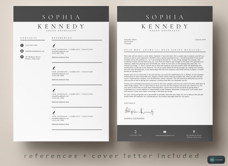 May include: A black and white resume and cover letter template with the name Sophia Kennedy, Sales Associate. The cover letter is addressed to Dear Mrs. Adams (or Dear Hiring Managers).