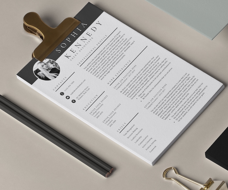 May include: A black and white resume template with a professional profile, contact information, education, work experience, and skills sections. The resume is for a sales associate named Sophia Kennedy.