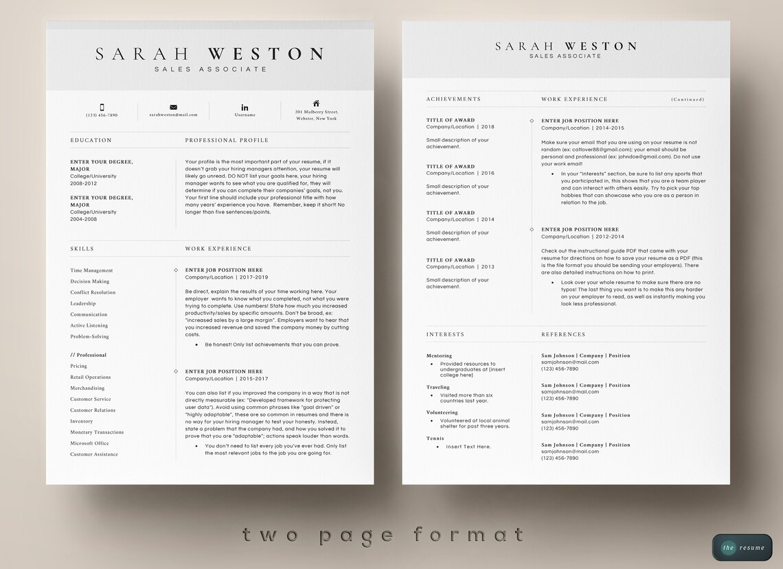 4 Page Resume Template Cover Letter and References Template for MS Word ...