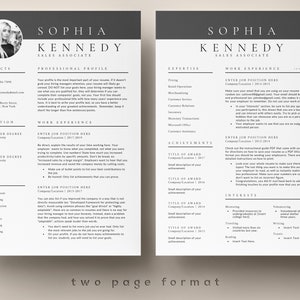 May include: A two-page resume template in black and white with a professional profile, work experience, education, skills, expertise, achievements, and interests sections. The resume is for a sales associate named Sophia Kennedy.