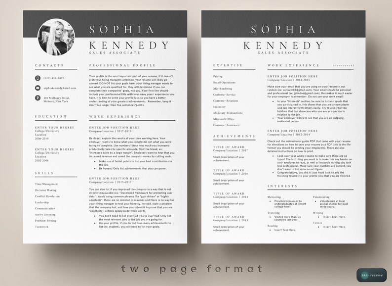 May include: A two-page resume template in black and white with a professional profile, work experience, education, skills, expertise, achievements, and interests sections. The resume is for a sales associate named Sophia Kennedy.