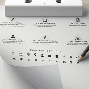May include: A white sheet of paper with black text and icons on a clipboard. The text includes "Fully Customizable", "PC & Mac Compatible", "A4 & US Letter", "Full Customer Support", "Detailed Tutorial/Guide", "Free 80+ Icon Pack", and "Font Install Guide".