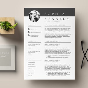 May include: A black and white resume template with the name Sophia Kennedy, Sales Associate, at the top. The resume includes contact information, education, work experience, and skills.