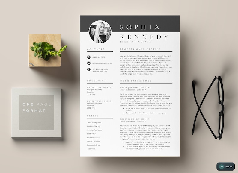 May include: A black and white resume template with the name Sophia Kennedy, Sales Associate, at the top. The resume includes contact information, education, work experience, and skills.
